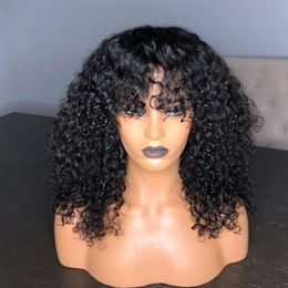 Full 250Density Curly Brazilian Frontal Wigs With Bangs Deep Part Short Kinky Curly Synthetic Lace Front Wig For African Women