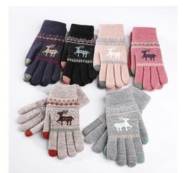 Vintage Christmas Deer Knitted Gloves Women Thicken Touch Screen Gloves Winter Warm Snow Elk Full Finger Mittens Xmas Gift Luvas GB1330