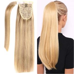 16 Inches Real Human Hair Ponytail Clip in Extensions 613 Ash Blonde to Bleach Blonde 100% Remy Human Hair Straight Ponytail 120g 140gram