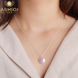 ASHIQI Natural pearl coin necklace 925 Sterling Silver Jewellery 12-13mm Button Freshwater Pearl Pendant fashion