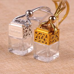 Newest Cube perfume bottle Car Hanging Perfume Rearview Ornament Air Freshener For Essential Oils Diffuser Fragrance Empty Glass Bottle