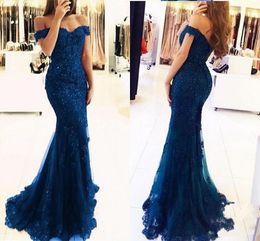 New Off The Shoulder Mermaid Long Evening Dresses Tulle Lace Appliques Beaded Custom Made Formal Evening Gowns Prom Party Dresses Blue