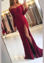 New Sexy Mermaid Evening Dresses Full Lace Long Sleeves Off Shoulder Front Split Sweep Train Custom Made Prom Dress Party Pageant Gowns