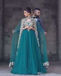 New Sexy Muslim Teal Green Prom Dresses With Cape V Neck Lace Applique Beads Tulle Sweep Train Party Dress Plus Size Evening Gowns