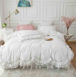 White Princess Bedding set Korean Style Luxury Wedding 100%Cotton duvet cover bed skirt Pillowcases Solid Colour Ruffle Bedclothes bedspread Bedlinen Home Textile