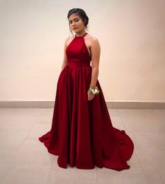 Simple Red Prom Dresses Satin Prom Evening Gowns O-neck A-line Sleeveless Formal Party Dresses Cross Straps Backless
