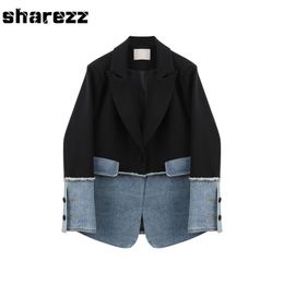 Sharezz Spring 2020 New Fashion Women Denim Patch Jacket Coat Slim Fit Long Sleeve Asymmetrical Blazer Tops Office Tide