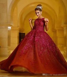 Dark Red Luxury Applique Ball Gown Prom Dresses 2020 Custom Made Sexy Bakless Sweep Train Jewel Neck Formal Occasion Wear Evening Gowns