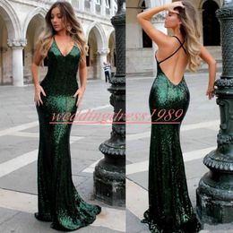 Sexy Sequined Mermaid Prom Dresses Backless Sleeveless Juniors Bling Long Party Gowns Robe de soirée Cocktail Club Wear Evening