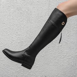 Cow Leather Women Knee High Boots Round Toe Zip Footwear Low Heels Female Motorcycle Boot Shoes Woman Winter New