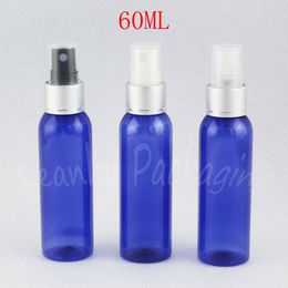 60ML Blue Round Shoulder Plastic Bottle With Silver Spray Pump , 60CC Toner / Water Sub-bottling , Empty Cosmetic Container