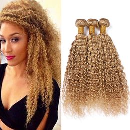 Honey Blonde Human Hair Extensions Kinkys Curly Peruvian Weaves Human Hair Bundles #27 Light Brown Virgin Hair Wefts 3 Bundle Deals