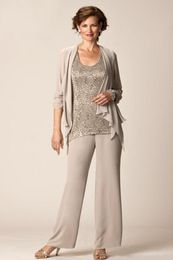 Mother of the Bride Pant Suits Long Sleeves Chiffon Jacket Lace Top Three Pieces Groom Mother Dresses