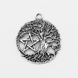 10Pcs Antique Silver Round Open Life Trees Pentagram Charms Jewelry Findings