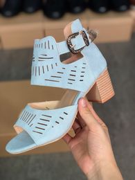 2021 Luxury high Heels Slides Sandals suede mid-heel designer Sexy with crystal Metal Buckle summer beach wedding shoes Size 35-43 NO32