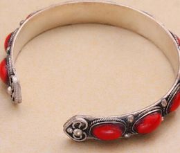 bracelet 914+++Vintage Red Coral Bead Cuff Bracelet Bangle Tibet Silver