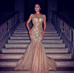 New Long Evening Dresses Champagne Mermaid Luxury With Full Sleeve Crystal Top Fares Design Cheap Wholesale Organza Formal Prom Gown