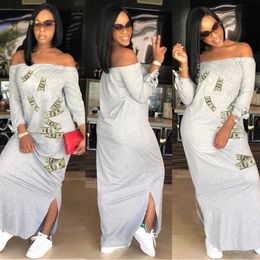 2019 Plus Size African Fashion Designed Traditional Maxi Dress Dollars Print Maxi Dress Off Shoulder Tie 3/4 Sleeve Side Slit Casual Long