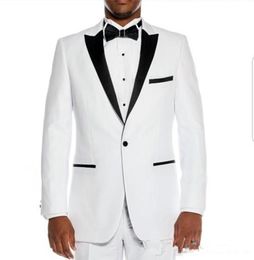 Stylish Design Groom Tuxedos One Button White Peak Lapel Groomsmen Best Man Suit Mens Wedding Suits (Jacket+Pants+Tie) XF225