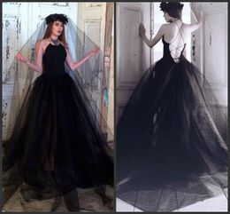 Gothic Black A Line Wedding Dresses Backless Tulle 2019 New Vintage Spaghetti Wedding Bridal Gowns Corset Back Custom Wedding Dress