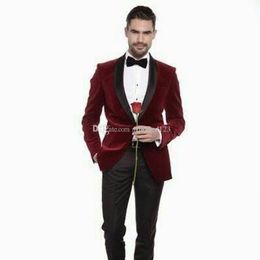 Fantastic Style One Button Dark red Velvet Wedding Groom Tuxedos Shawl Lapel Groomsmen Mens Dinner Blazer Suits (Jacket+Pants+Tie) NO:1822