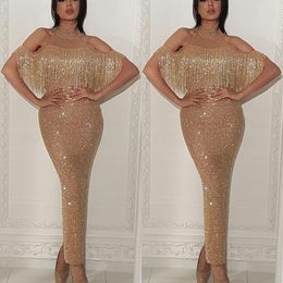 Sparkly Gold Sequined Mermaid Long Prom Dresses 2019 New Style Ankle Length High Neck Off Shoulder Formal Evening Party Gowns with Tassel