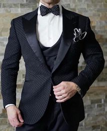 Fashion Groom Tuxedos Wave point Black/Ivory Groomsmen Mens Wedding Dress Man Jacket Blazer Business Suit(Jacket+Pants+Vest+Tie) 1668