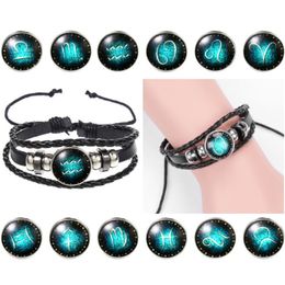 12 Constellations luminous Bracelet Handmade leather bracelet Zodiac Glass Metal Buckle Charm Bracelet Women Christmas present Free shipping