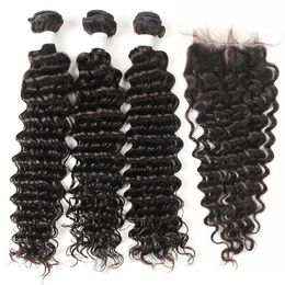 Mongolian Deep Wave Curly Virgin Human Hair Weaves 3 Bundles with Lace Closure Unprocessed Remy Hair Extensions Natural Colour 1B Double Weft