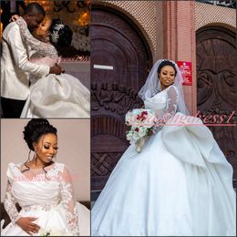 Charming Beads South African Wedding Dresses Ball Plus Size Draped 2020 Long Sleeve Beads vestido de noiva Bridal Gowns Bride Dress A-Line