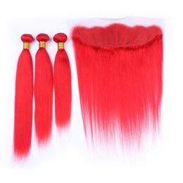 Cheap Brazilian Silky Straight Red Human Hair Bundles with Frontal 13x4 Pure Red Lace Frontal Closure with Virgin Hair Weaves 4Pcs Lot