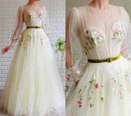 2020 Fairy Prom Dresses Jewel Neck Long Sleeve Appliqued Tulle Evening Dress A Line Custom Made Special Occasion Gowns Sash