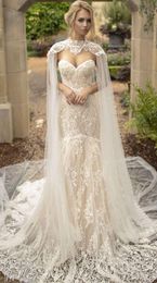 Ivory Long Bridal Wraps Shawls High Neck Lace Wedding Cloaks Jackets Brides Boleros For Wedding Dresses Evening Party High Custom
