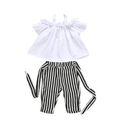 US Summer Kids Baby Girls Off Shoulder Tops T-Shirt Stripe Pants Outfits Sunsuit