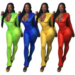 Plus size 2XL Women bodysuits jumpsuits fashion solid color Rompers sexy stretchy jumpsuits Casual long sleeve flared pants Overalls 2267
