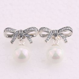 Fashion bow CZ diamond stud earrings for Pandora 925 sterling silver delicate feelings pearl pendant earrings high quality ladies earrings