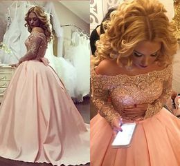 Bling Off Shoulder Ball Gowns Prom Dress With Sleeves Lace Beaded Sequins Crystal Graduation Dress High School Quinceanera Dress Formal Gown