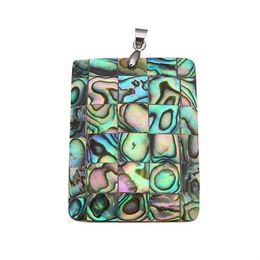 Iridescent Rainbow Colors Plaid Rectangle Abalone Natural Sea Shell Pendant Bohemian Jewelry Handmade Gift 5 Pieces