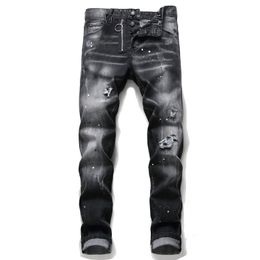 Pantaloni da motociclista hip-hop con pannelli in denim da motociclista lavati slim fit con distintivo in difficoltà da uomo unici Jeans skinny neri 1056