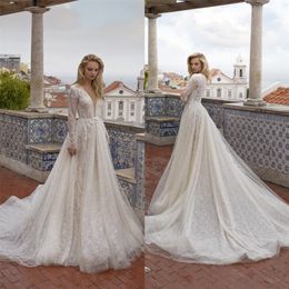 aline wedding dress vneck long sleeve lace appliqued court train bridal dress sexy illusion bodice bow sash pleats vestidos de novia