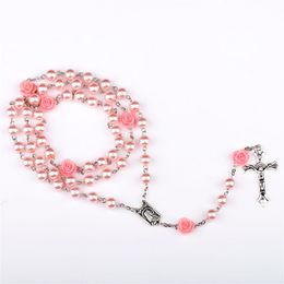 Pink Rose Rosary Jesus Cross Pendant Necklaces 6mm Beads Imitation Pearl Chain Statement Necklace Vintage Jewellery Christmas Gift for Women