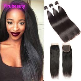 Malaysian Unprocessed Human Hair Extensions 8-30inch 3 Bundles With 4X4 Lace Closure Middle Three Free Part Straight Virgin Hair Wefts