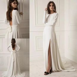 lihi hod split wedding dresses long sleeves satin bridal gowns backless robe de mariee plus size boho wedding dress