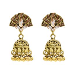 Retro Style Fan-shaped with Rhinestone Crystal Beads Bell Tassel Indian Dangle Earrings for Women