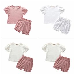 Kids Designer Clothes Baby Summer Casual Clothing Sets Short Sleeve Top Ruffle Shorts Suits Cotton Solid T-Shirt PP Pants Outfits YP889