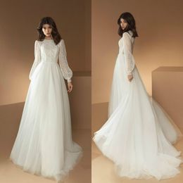 elegant aline wedding dresses jewel long sleeves appliqued lace sweep train wedding gown tulle custom made ruched robes de marie