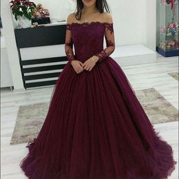 Stunning Burgundy Red Evening Dresses Off Shoulder Lace Long Sleeves Tulle Sweep Train Women Party Gowns Zipper Back Free Shipping Dresses