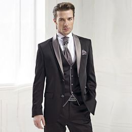 Groom Tuxedos Black Mens Wedding Tuxedos Grey Satin Shawl Lapel Man Jacket Blazer Popular Men Prom/Dinner 3 Piece Suit(Jacket+Vest+Pants)