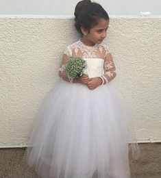 Ball Gown Illusion Long Sleeve Flower Girl Dresses Jewel Neck Lace Tulle Floor Length Girls Party Gowns for Wedding Custom Size