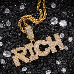 English letter RICH men women diamond cubic zirconia pendant necklace 27inch chain new fashion luxury designer hip-hop Jewellery